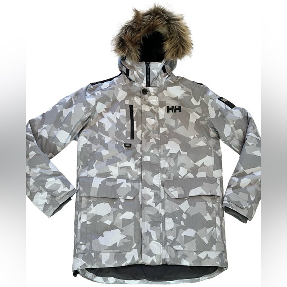 NWT Men's Helly Hansen Svalbard Parka Jacket Size Medium White Gray Camo